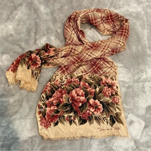 Vintage Oscar de la Renta Long Silk Floral Plaid Wrap Scarf with Raw Fringe Hem - Picture 1 of 7